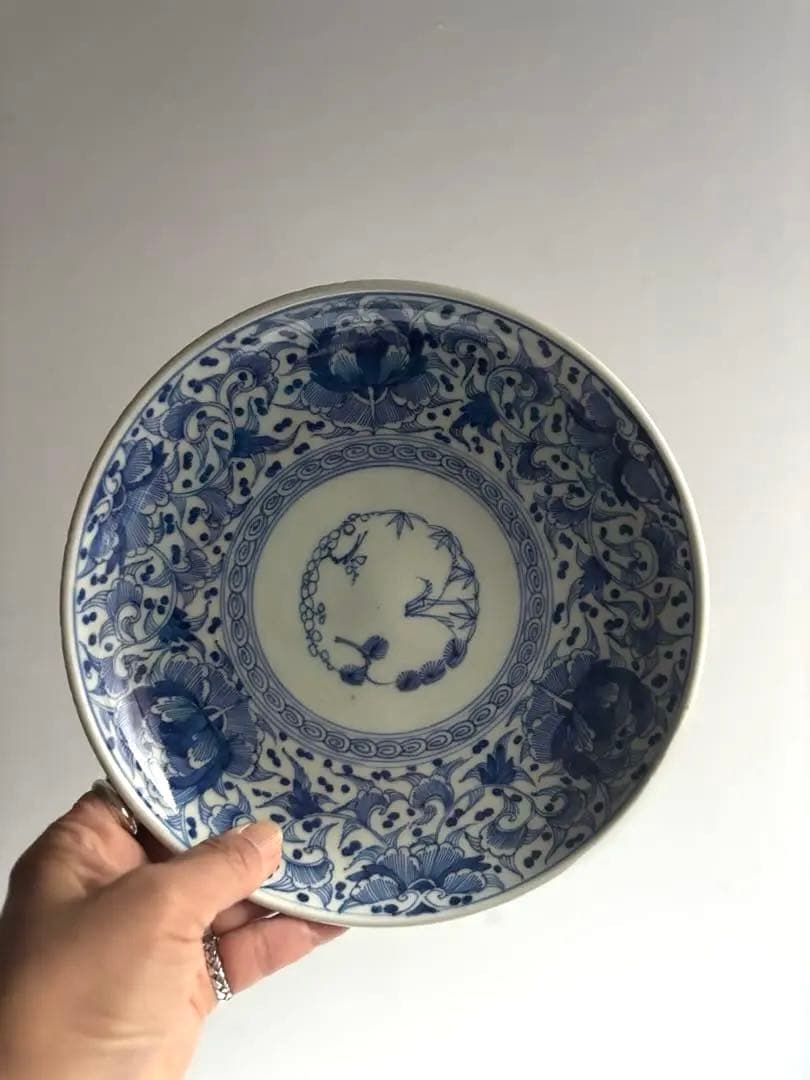 005 骨董 アンティーク 古伊万里 松竹梅に牡丹唐草文線描き七寸皿 1点 幕末