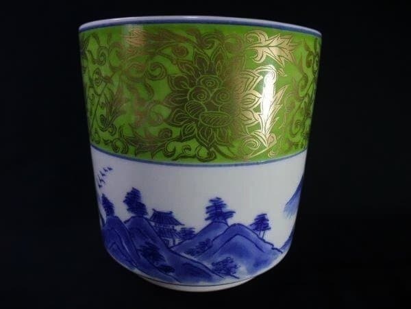 水指 哲山堂造 美濃焼 花唐草 青華山水 染付 茶道具 美品