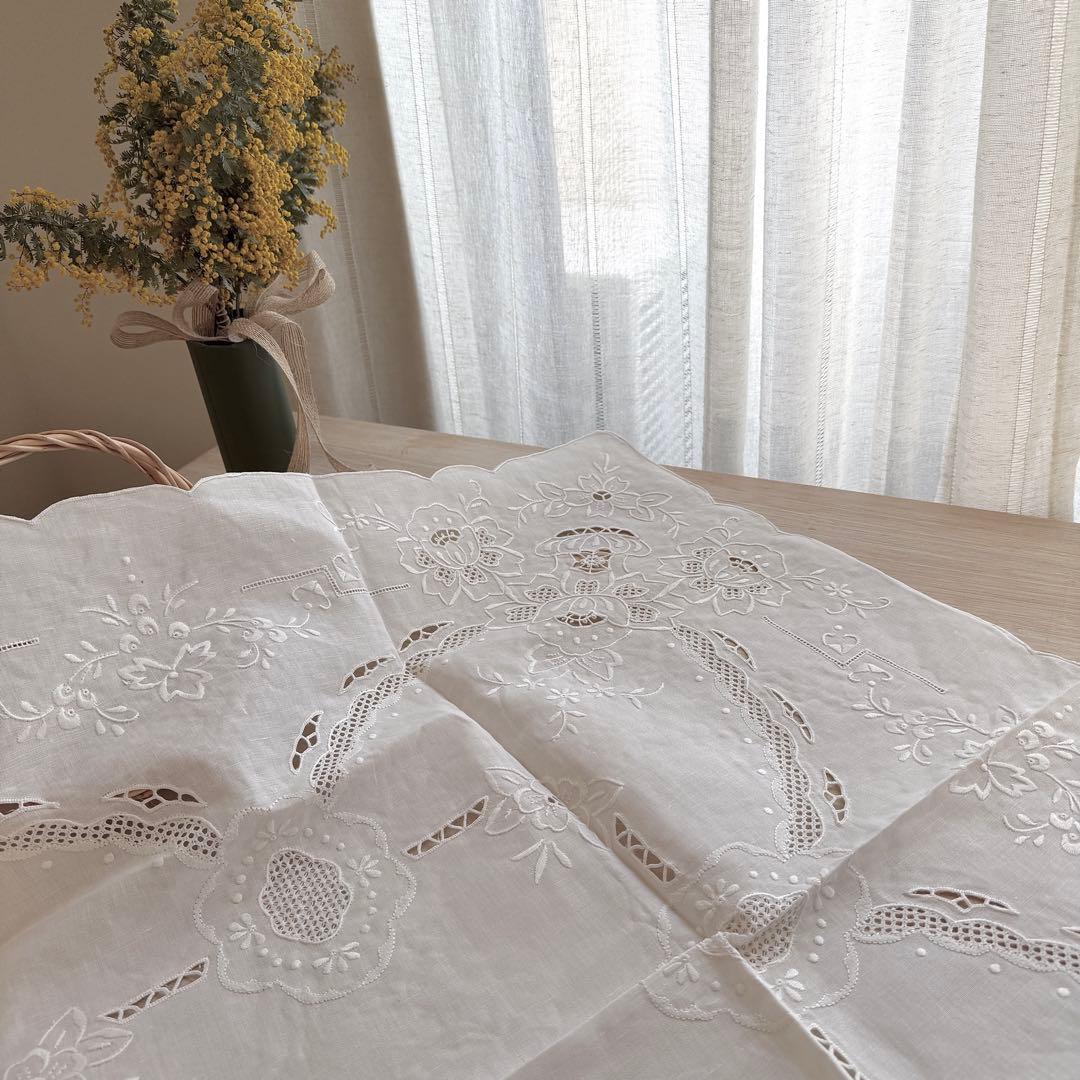 フランスヴィンテージカットワークドロンワーク手刺繍 リネンテーブルクロス