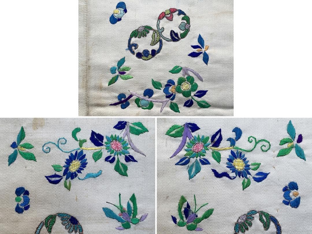 【繍】　★ 織繍 白色地花蝶紋挽袖 1対 ★　清代　花卉胡蝶 刺繍文様　明清繍品