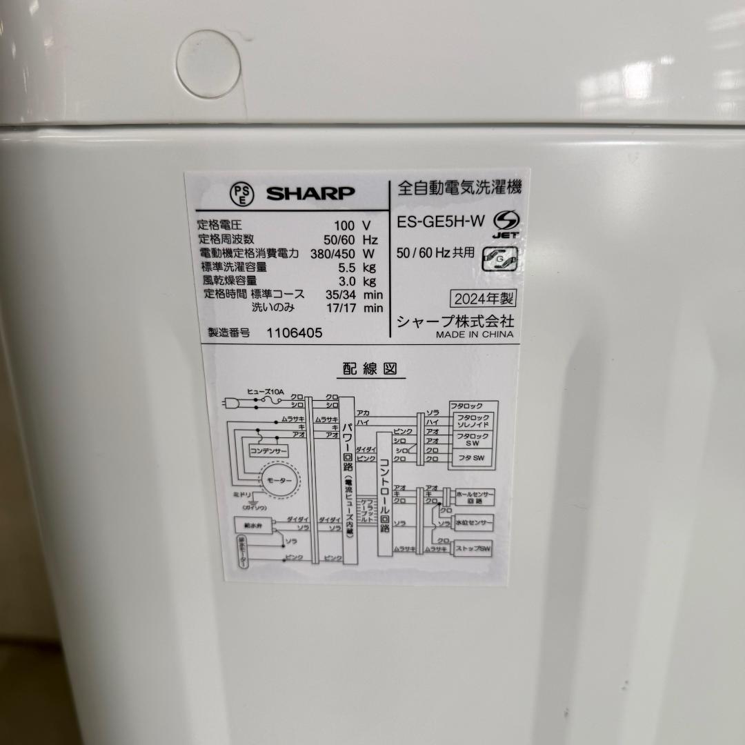 分解洗浄済み！SHARP 洗濯機 小型 一人暮らし 5.5kg 2024年製