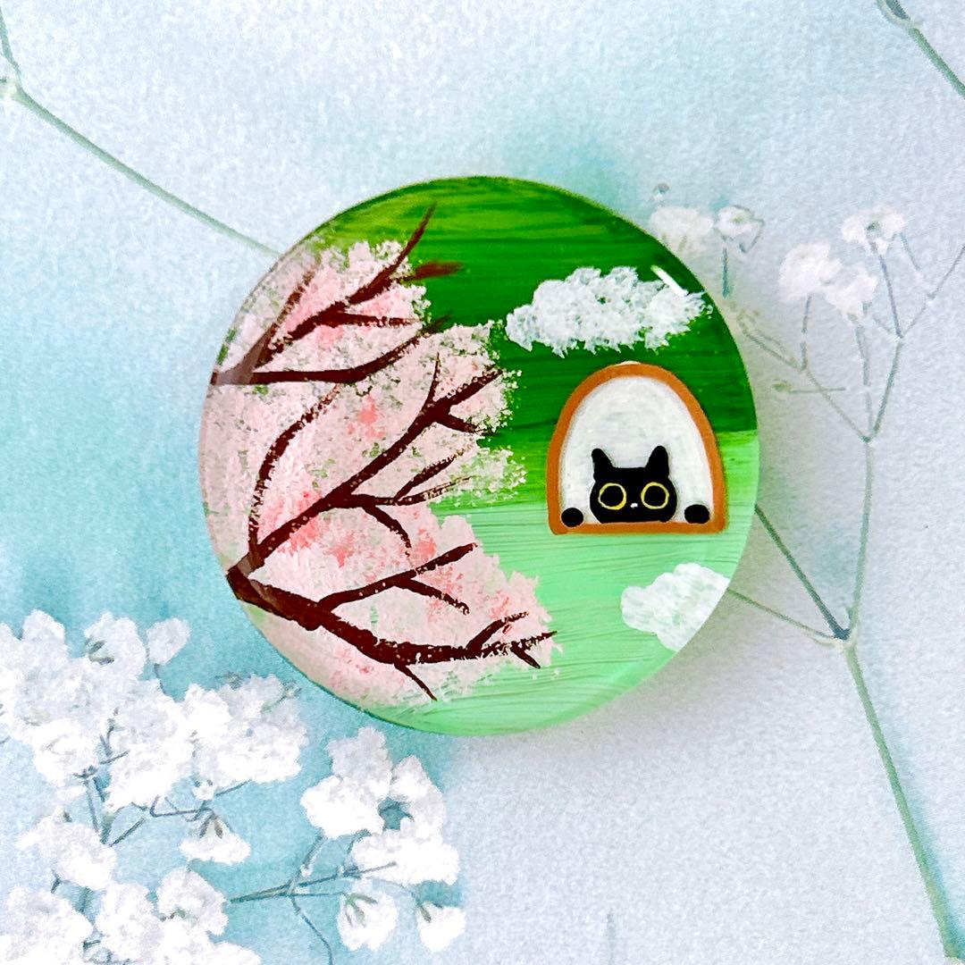 手描き　桜　ひょっこり猫　ヘアゴム　ブローチ　レジン