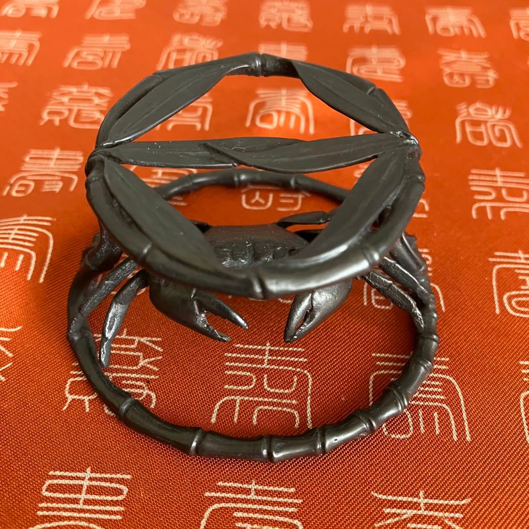 茶道具 一ノ瀬宗辰造 砂張笹蟹蓋置 共箱 共布