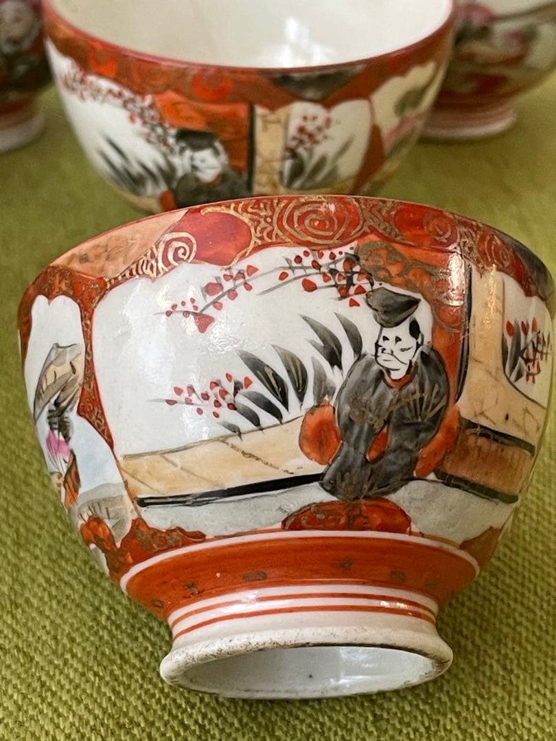九谷焼　金彩赤絵　小茶器揃　急須と湯呑5客　骨董　(直し有り)
