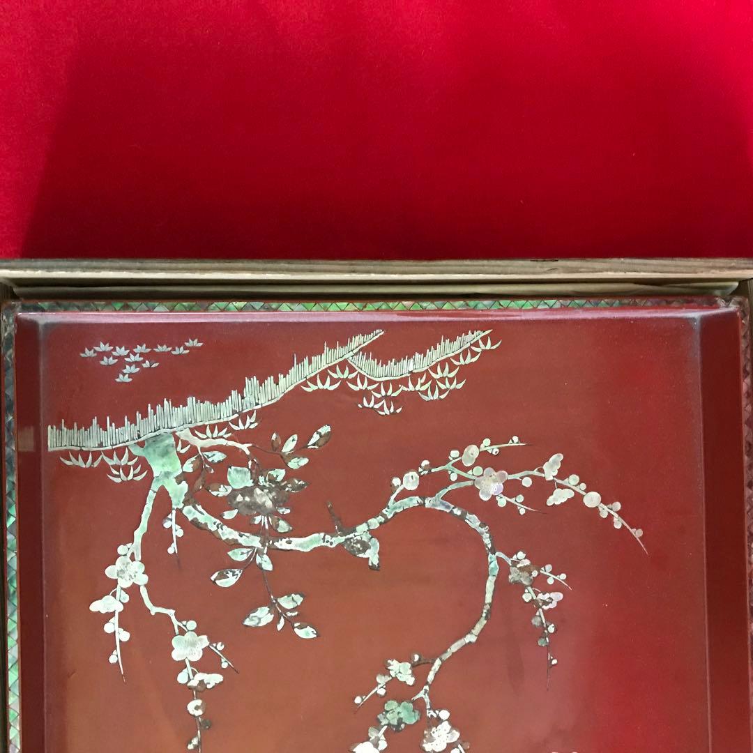 朱青貝梅に鶯蒔絵盆