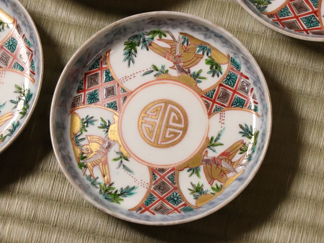 【CM18】古伊万里 竹鳥図 色絵 小皿 五客 11.9cm 小紋 錦手 金彩