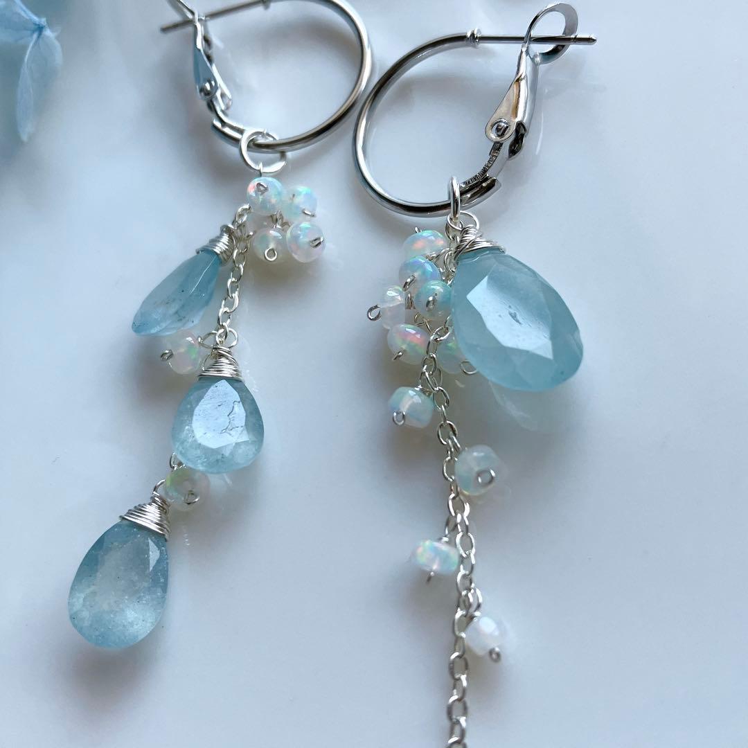 シンデレラアクアマリン×オパール アシンメトリーピアス✧silver925