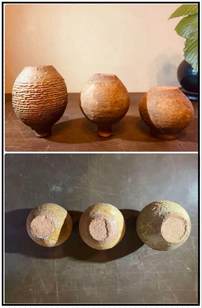 アンティーク・美品ブルナイ・高比重・重量小花器・極小唐木台座付・３種６点セット