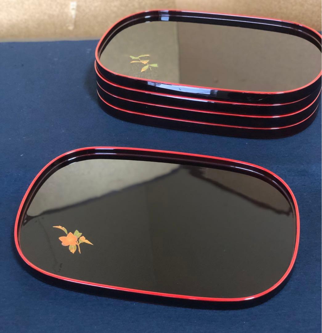 《R》輪島塗 草花蒔絵 小判盆5客 塗師泉馬 高崎秋峰 共箱 260323A4