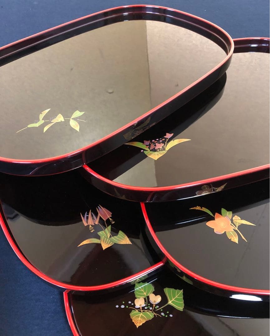 《R》輪島塗 草花蒔絵 小判盆5客 塗師泉馬 高崎秋峰 共箱 260323A4