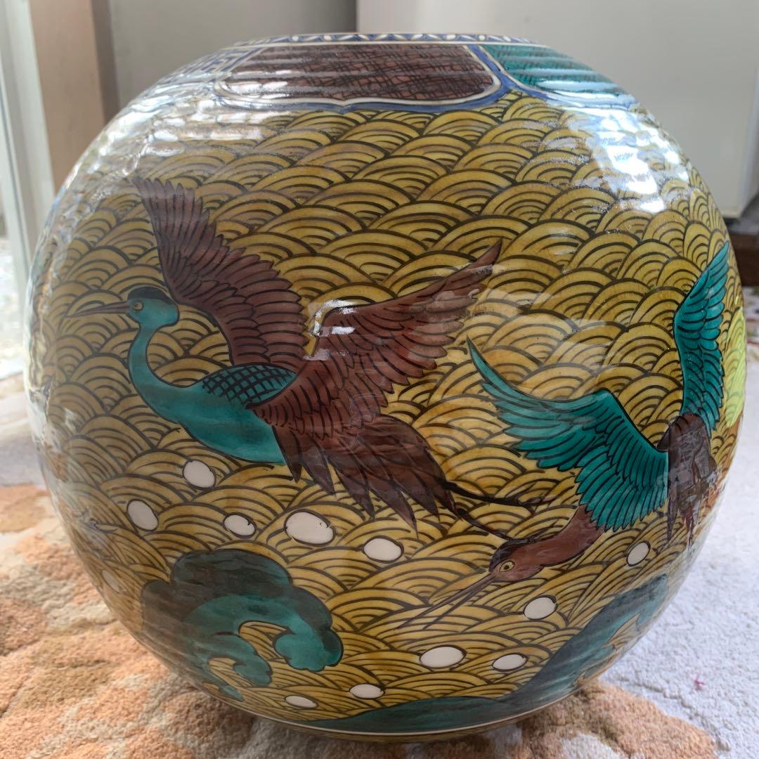 大きな九谷焼花瓶　壺　花器　手描き　花道　骨董　美術品