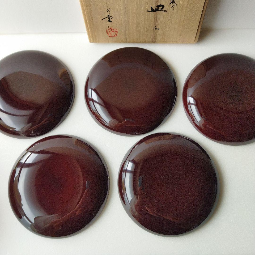L*b様 【未使用】漆　溜色　漆塗り　菓子皿　銘々皿　金箔　花柄　柄違い　５客