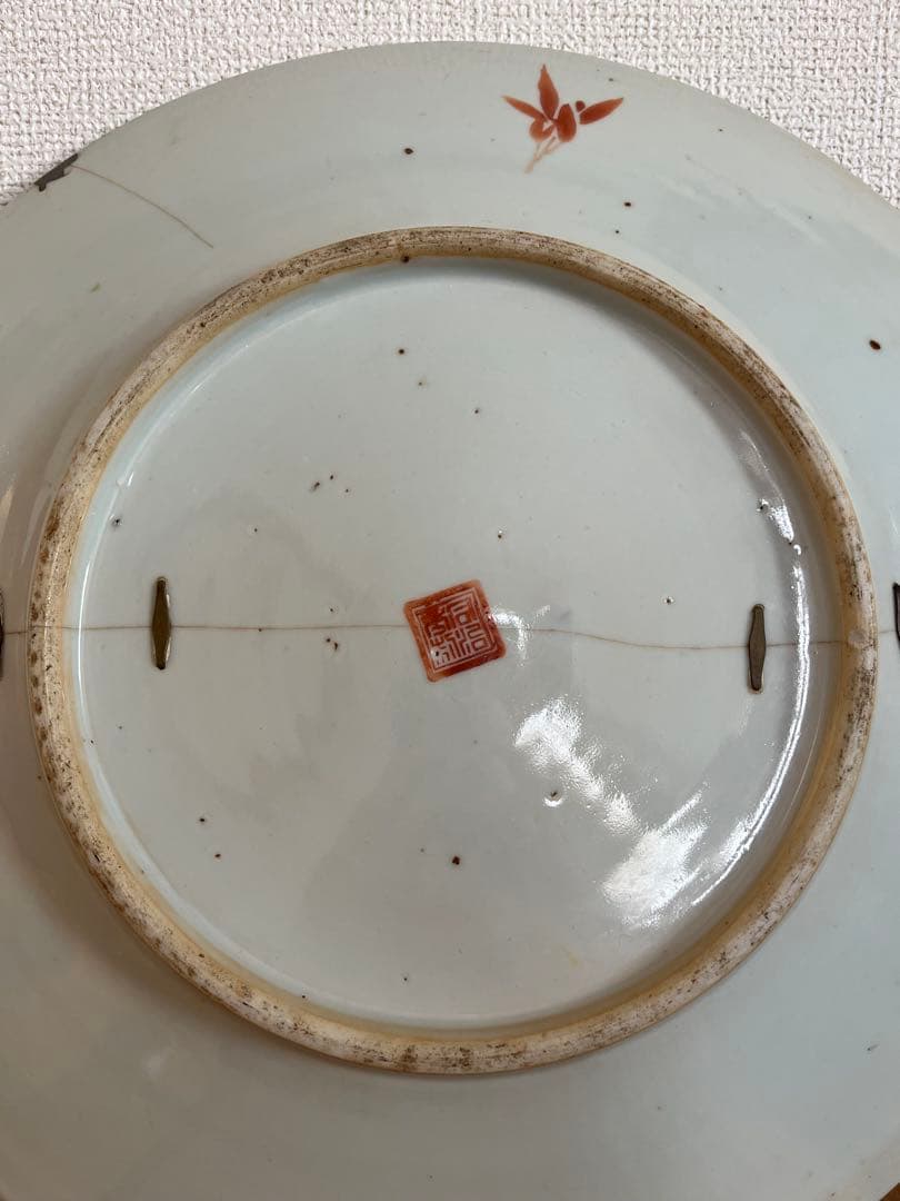 中国美術 清時代 同治年製特大 色絵花卉大皿35cm