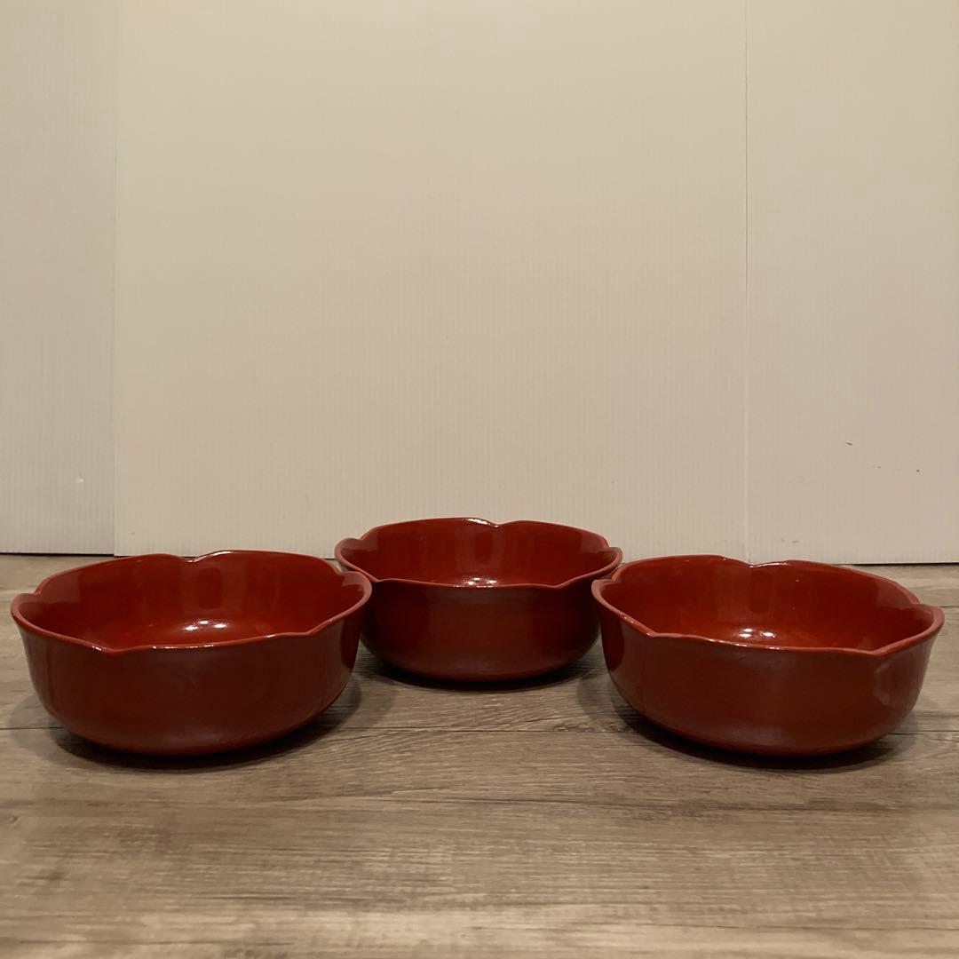 E-1 昭和レトロ 木製漆器 漆塗り 菓子椀 5客セット 梅形 朱塗り 小鉢