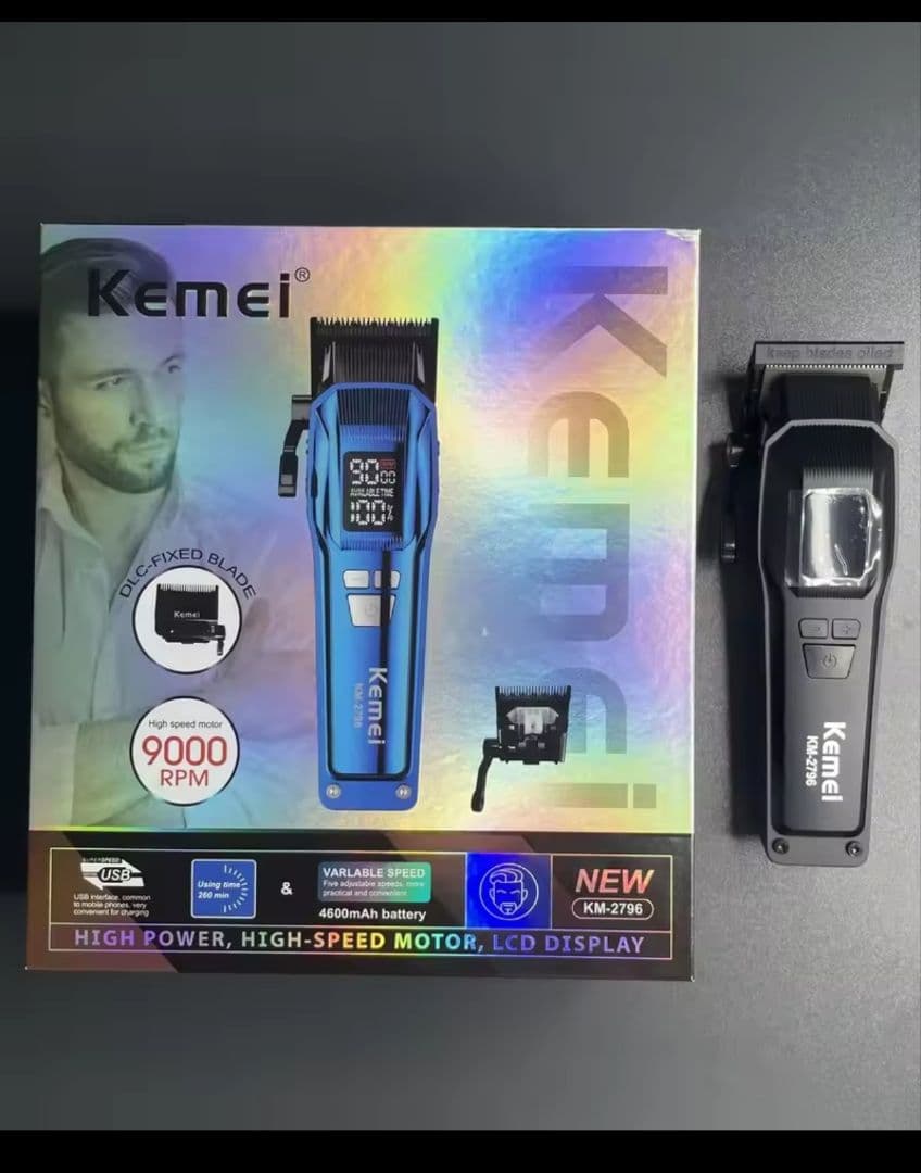 Kemei 電動バリカン ブラック 充電式 LCDディスプレイ 高速9000