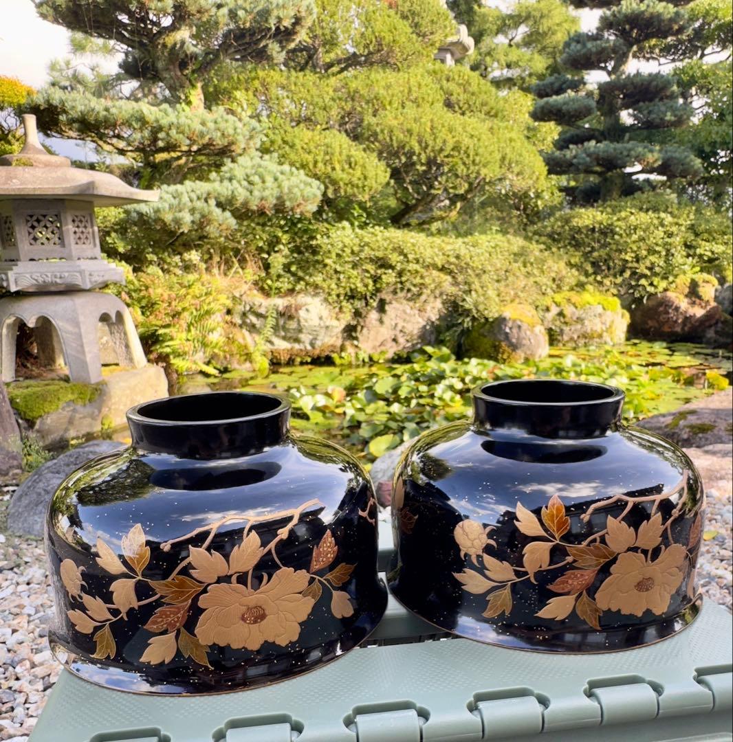 美品　漆塗り　会津塗り　茶碗　龍2客セット