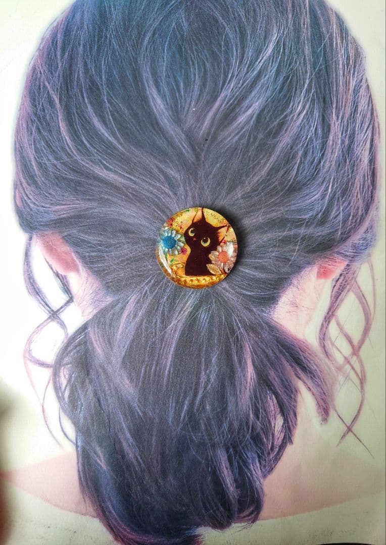 レジン　猫　ヘアゴム　ブローチ　ポニーフック　No.574