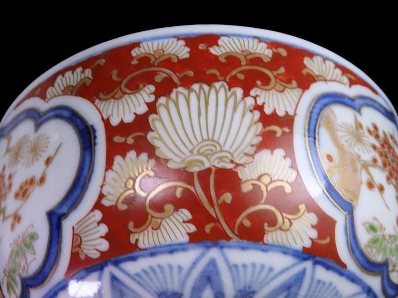 大聖寺伊万里　金襴手　窓絵　松竹梅の図　大振蓋茶碗　B094AS-DCc