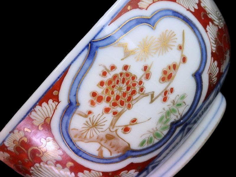 大聖寺伊万里　金襴手　窓絵　松竹梅の図　大振蓋茶碗　B094AS-DCc
