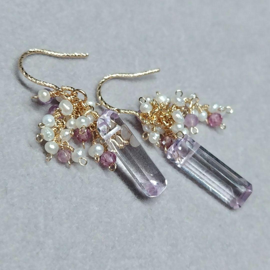 １4Kgf天然石ピアス　バケットカットピンクアメジストのJune Bride