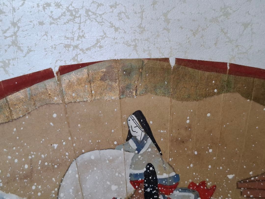 冬のお茶席床飾り　掛け軸　宮女雪達磨之図　扇面日本画　木箱なし