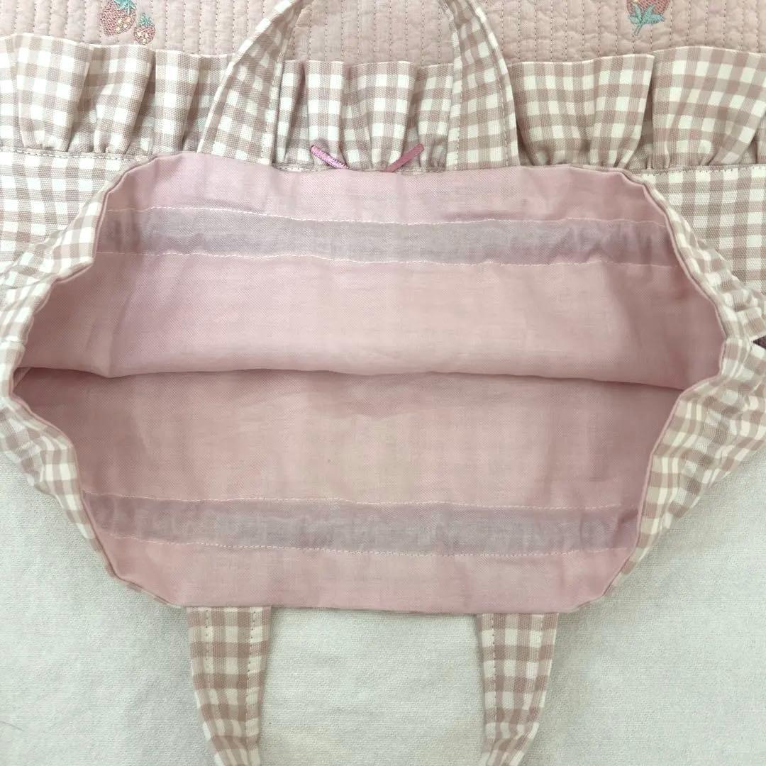 入園入学3点セット　【いちごピンクヌビ×くすみピンクチェック】　女の子　手提げ