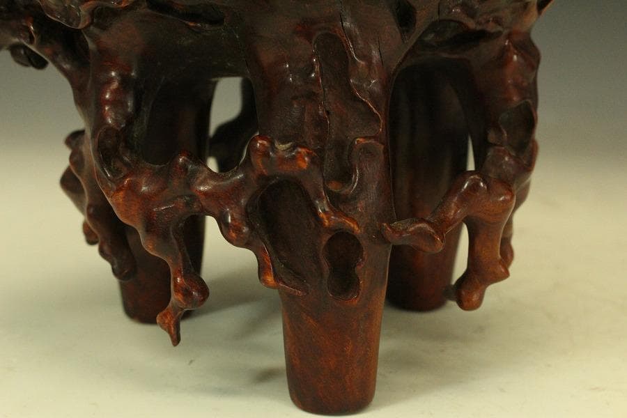 中国美術 奇木 朱石刻 霊芝 摘 稚龍 香炉 高24cm(LC588)