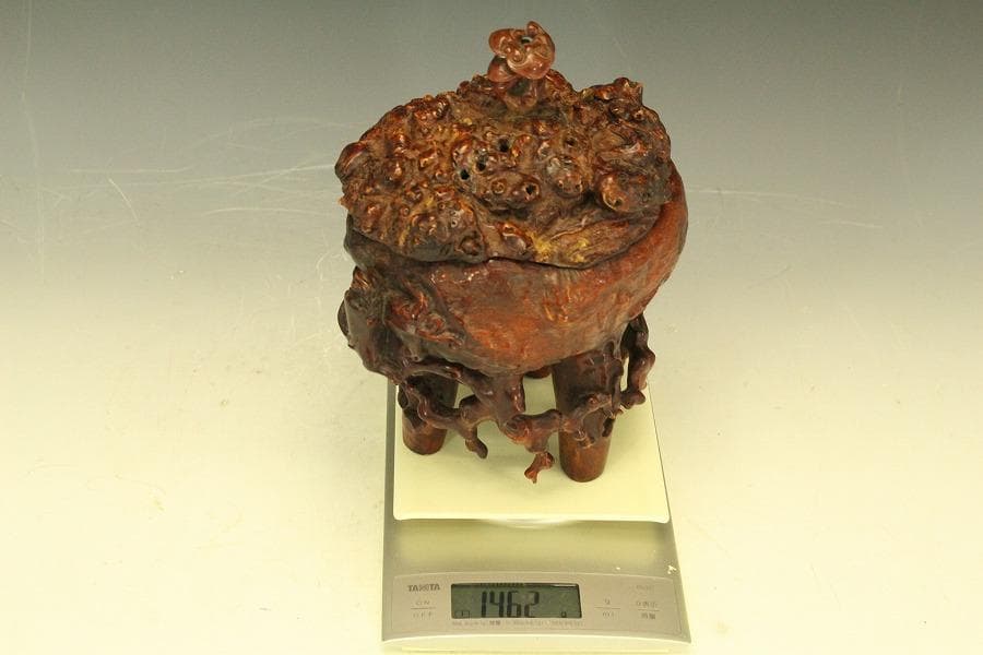 中国美術 奇木 朱石刻 霊芝 摘 稚龍 香炉 高24cm(LC588)