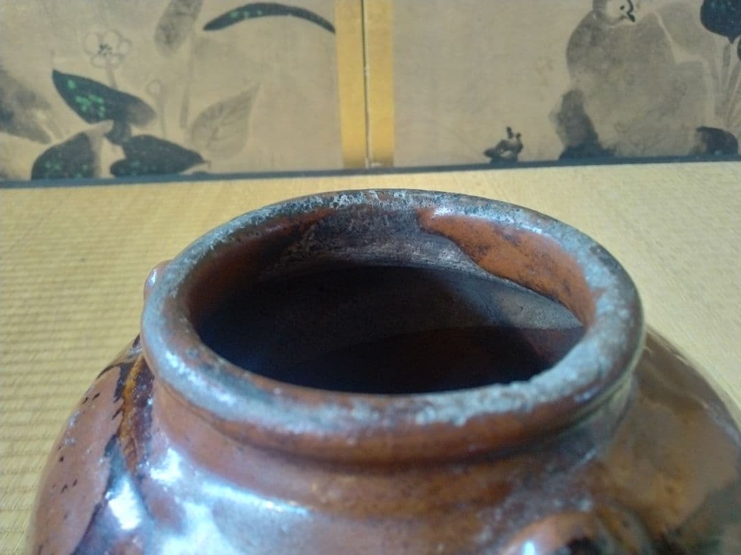 江戸中～後期頃　美濃鉄釉耳壺　骨董　古美術　古道具　古壺　瀬戸　花器　水指