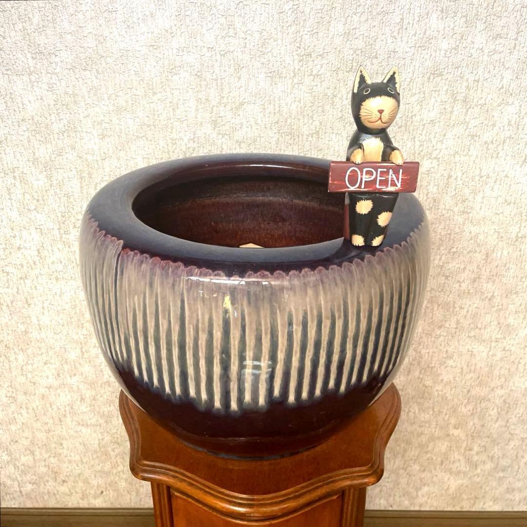 【美品　商品】アンティーク火鉢　メダカ鉢　金魚鉢　　陶器製　睡蓮　幅46