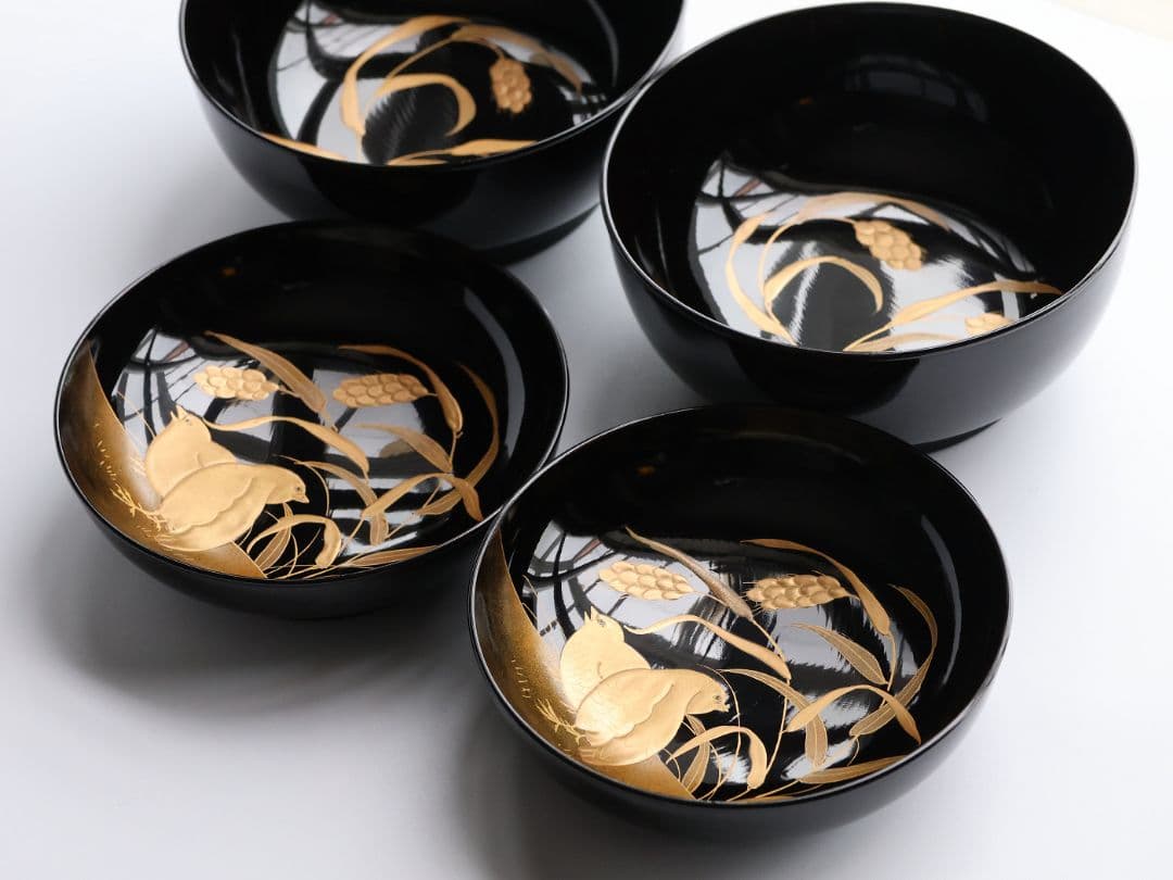 【MB279】輪島塗 天然木漆塗 粟穂鶉金蒔絵 黒塗椀 二客 鳥 漆芸 木製漆器