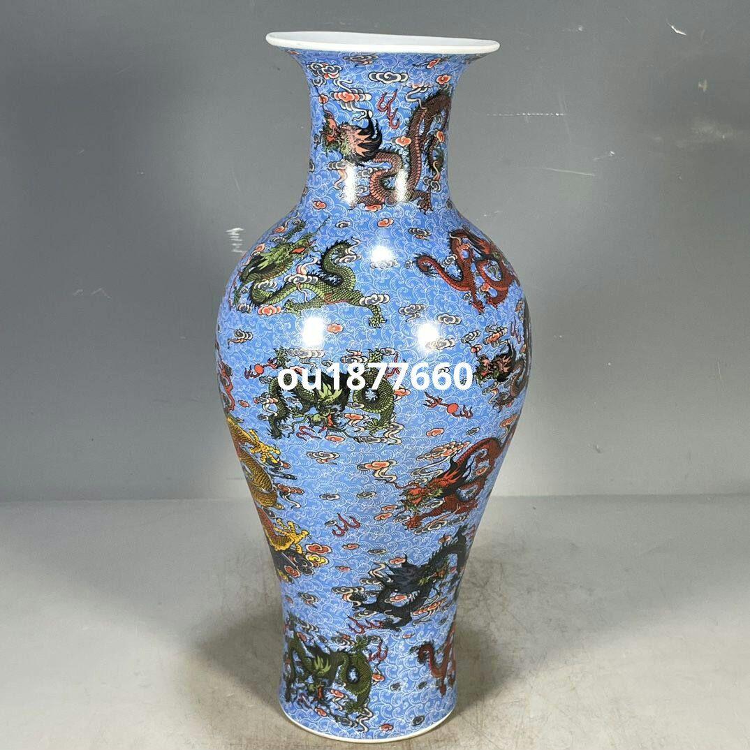 清乾隆藍釉竜紋賞瓶 景徳鎮 陶磁器 装飾品 現代工芸品 美術品 置物