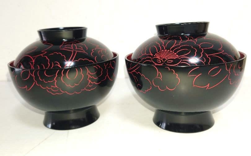 【セット】越前漆器 沈朱牡丹彫 黒内朱 汁物椀 越前塗 伝統的工芸品指定 お椀