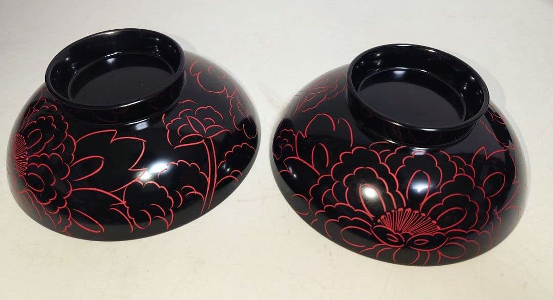 【セット】越前漆器 沈朱牡丹彫 黒内朱 汁物椀 越前塗 伝統的工芸品指定 お椀