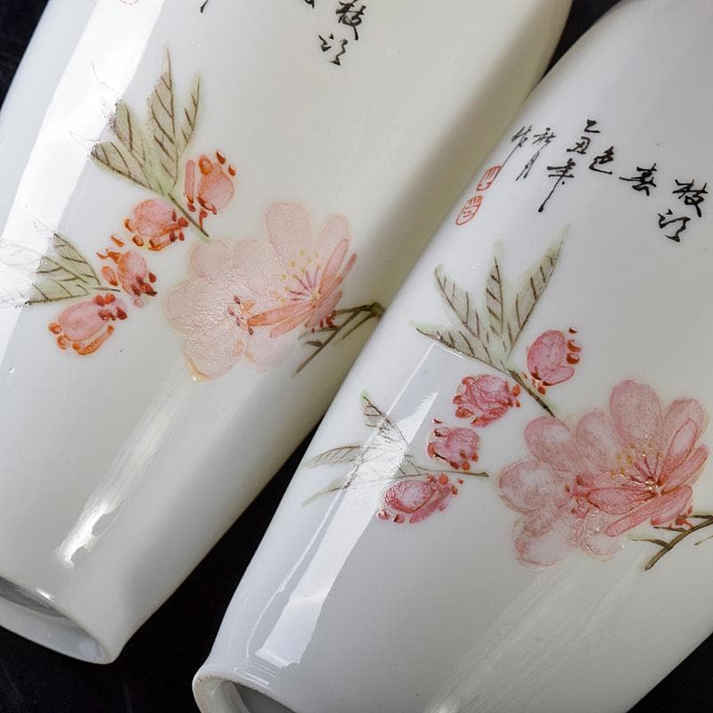 中国　中国景徳鎮製　薄胎　粉彩　漢詩花鳥文瓶　一對　C　R8384
