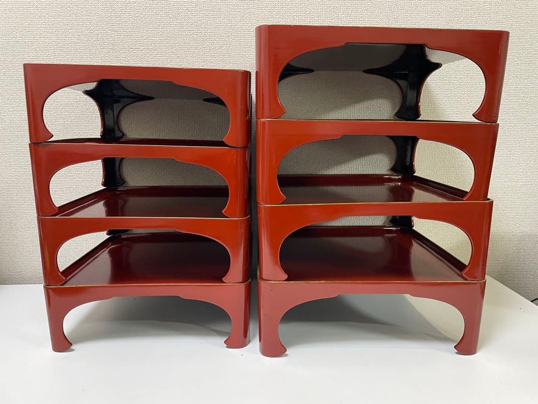 【現状品】漆器 輪島塗 朱塗 金彩 脚付膳 重ね膳 4客 8個 割烹屋 懐石①