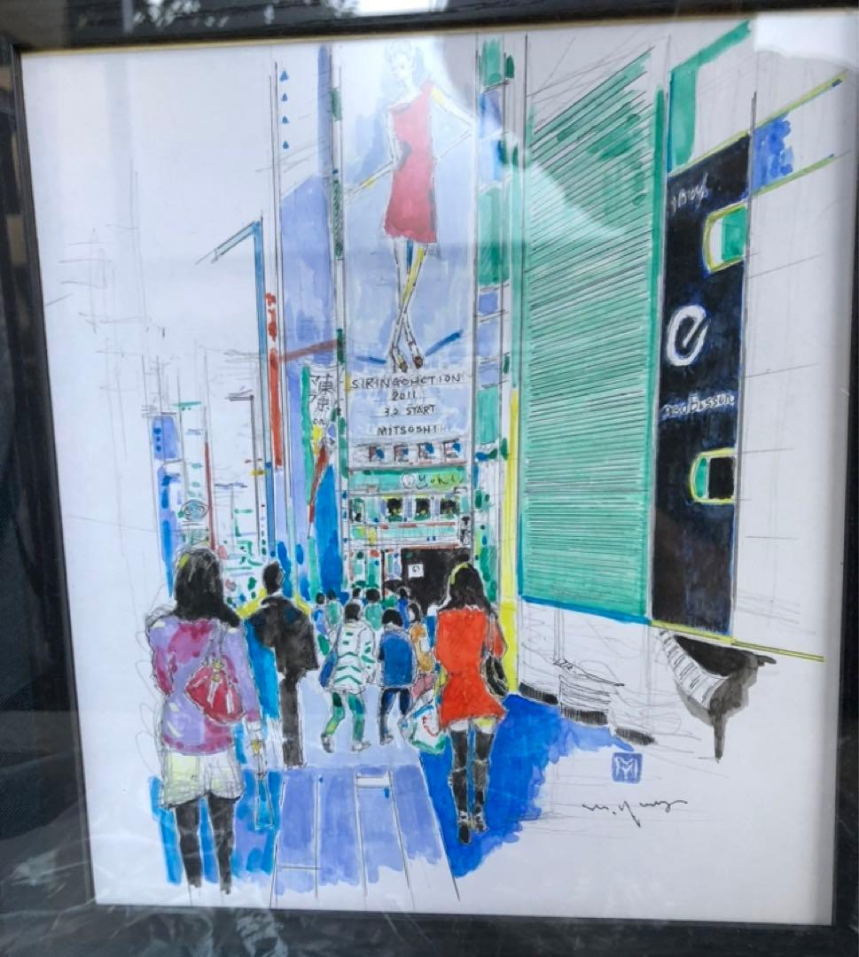 山崎幹雄　銀座4丁目　三越前　アート　作者サイン入り　色紙　透明水彩画