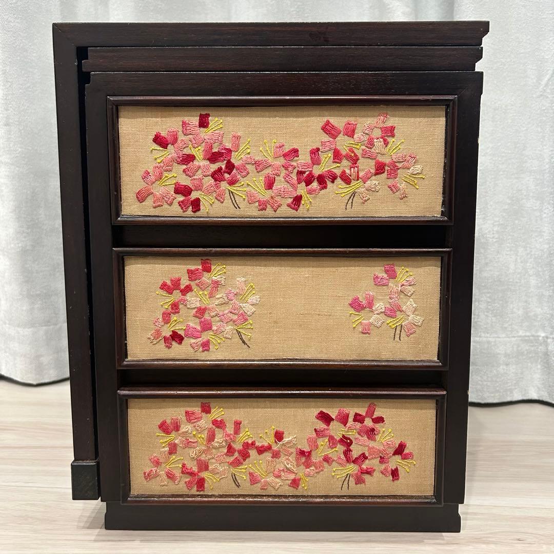 昭和レトロ 折りたたみ文机 花柄刺繍 木製 3段 アンティーク