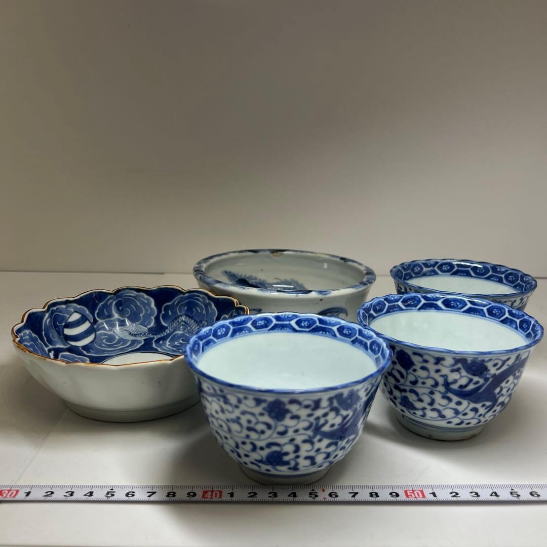 古伊万里　染付鉢色々5客　幅約11/15.5/16㎝　東Y8-0402①