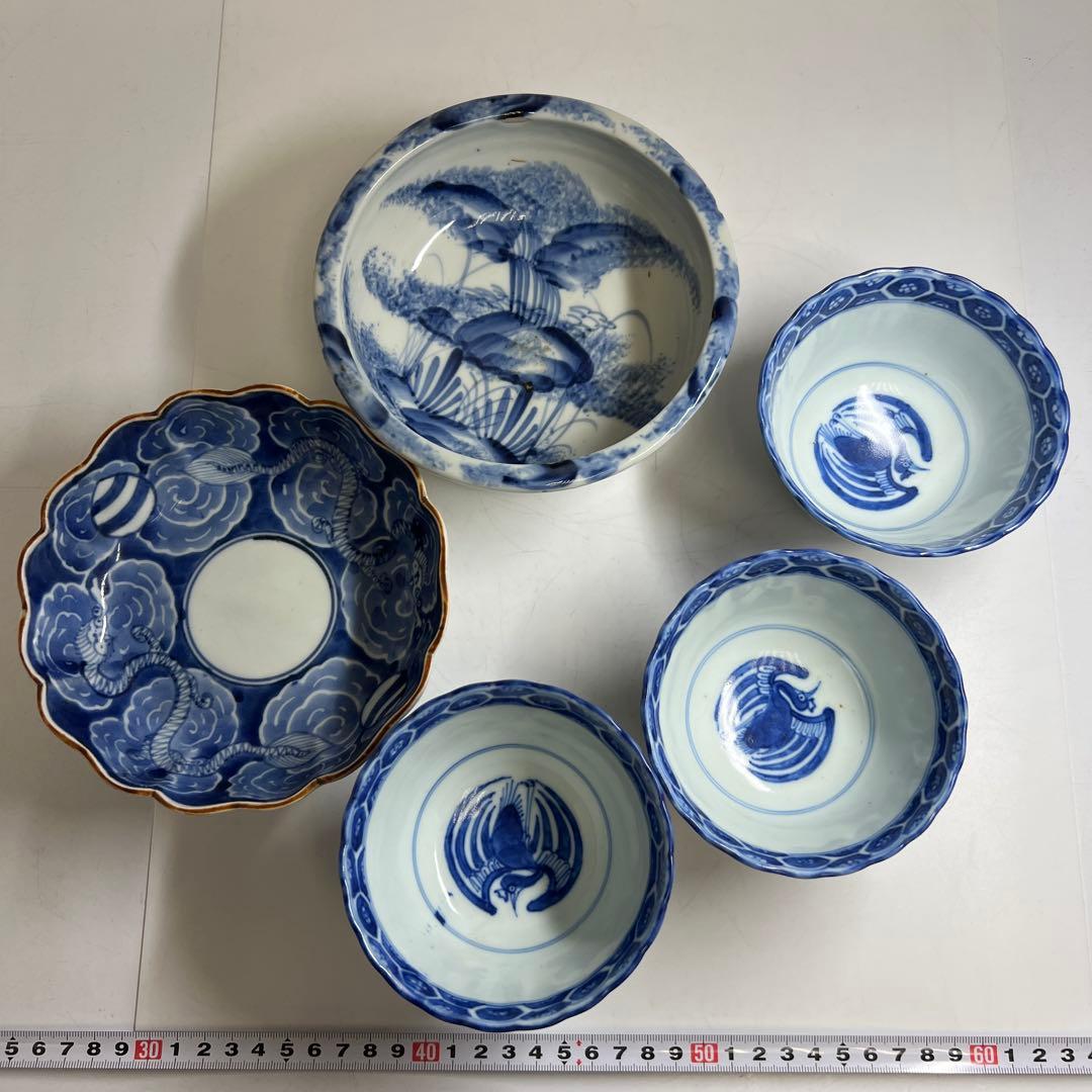 古伊万里　染付鉢色々5客　幅約11/15.5/16㎝　東Y8-0402①