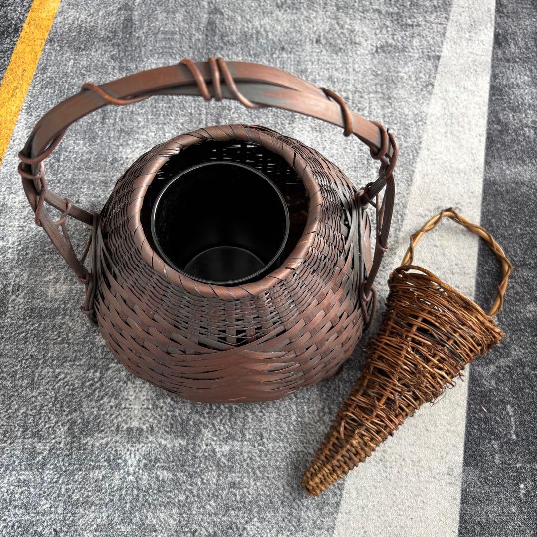 花籠 虎竹 竹細工 竹籠 花入れ 花器 茶道具 花篭 インテリア 花瓶 虎斑竹