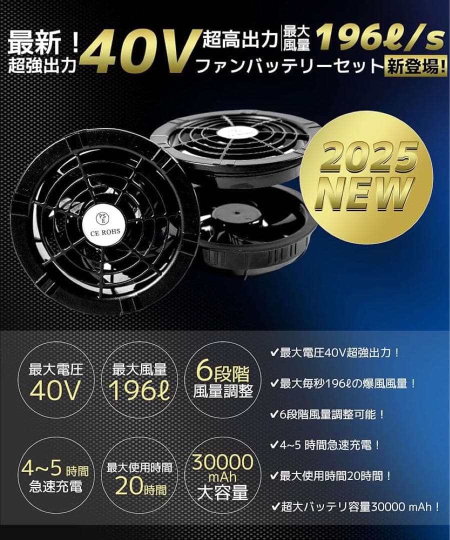 空調作業服 ファンバッテリーセット【最強業界爆風40V/30000mAh】ファン