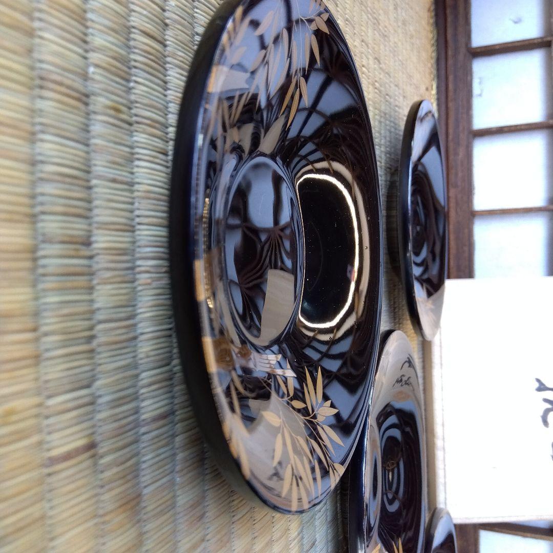 輪島塗　黒塗　蒔絵茶托５客　五里地作　漆器　布着堅地　煎茶器　共箱　美品