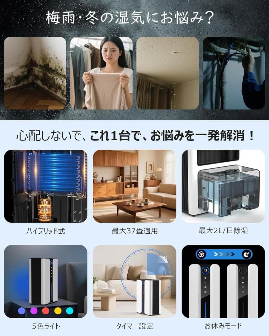 梅雨のジメジメ解消❣ 除湿機 大容量3L 最大2L/日 ホワイト 1356