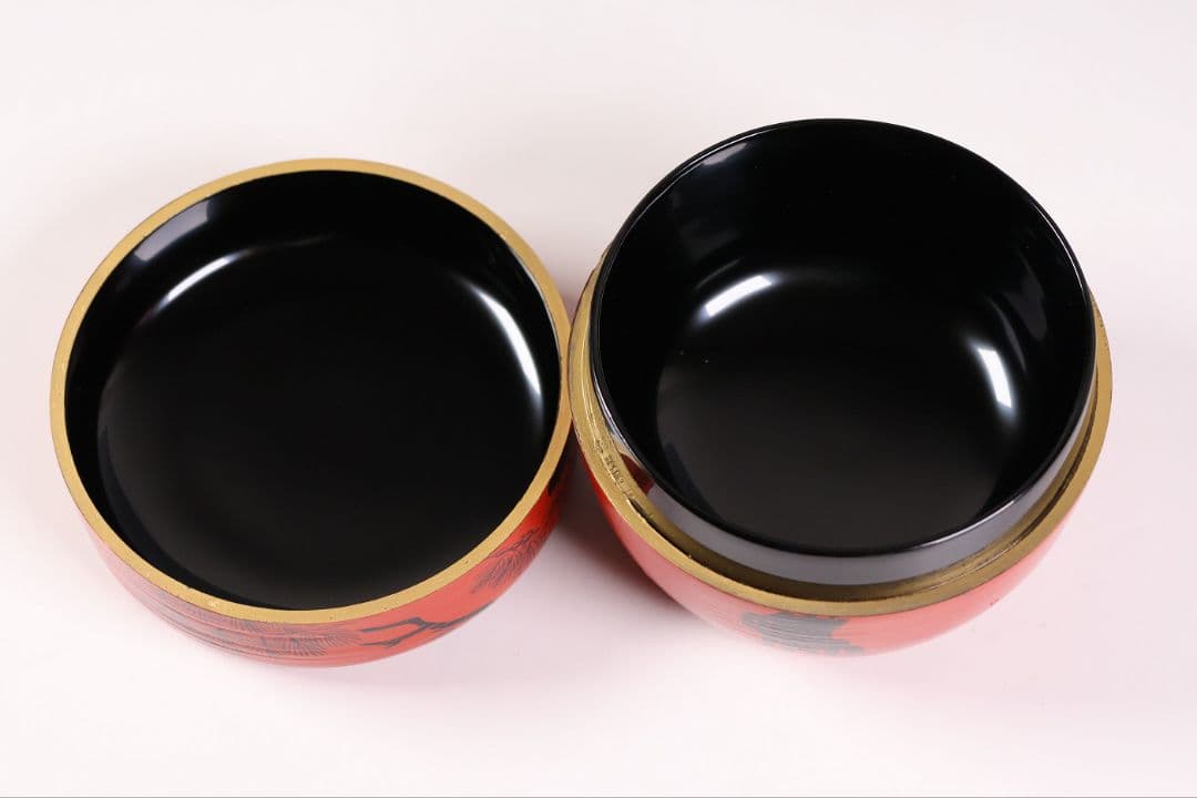 茶道具 岡本陽斎 朝陽棗 共箱 漆芸 朱刷毛目 老松 平棗 木製【MA905】