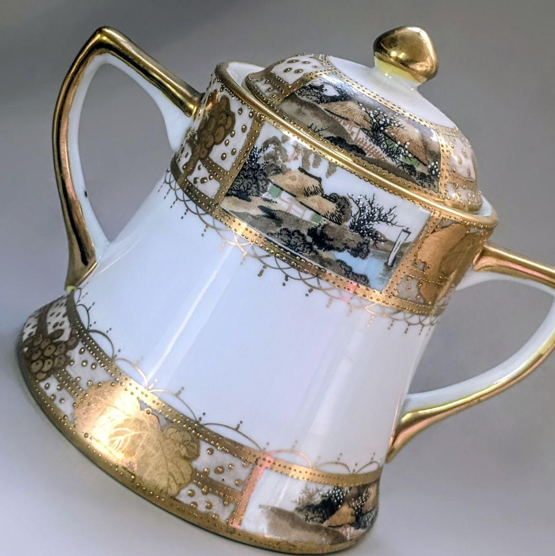 大銘品　里帰り オールドニッポン金彩白釉盛梅花葡萄紋湖畔風景図 　シュガーポット