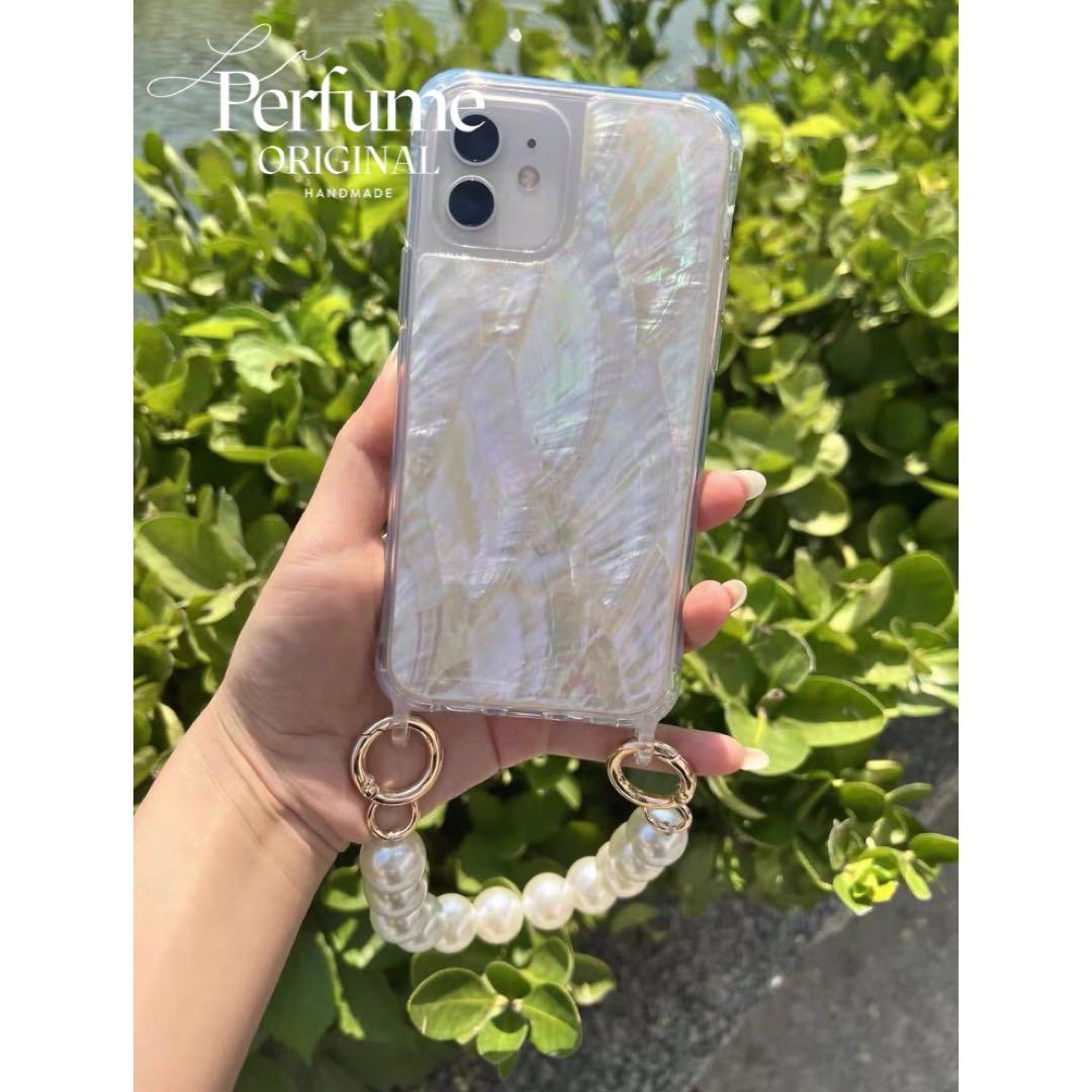 キラキラ天然シェル ホワイト 白♡大粒パールチェーン✨オリジナル iPhone