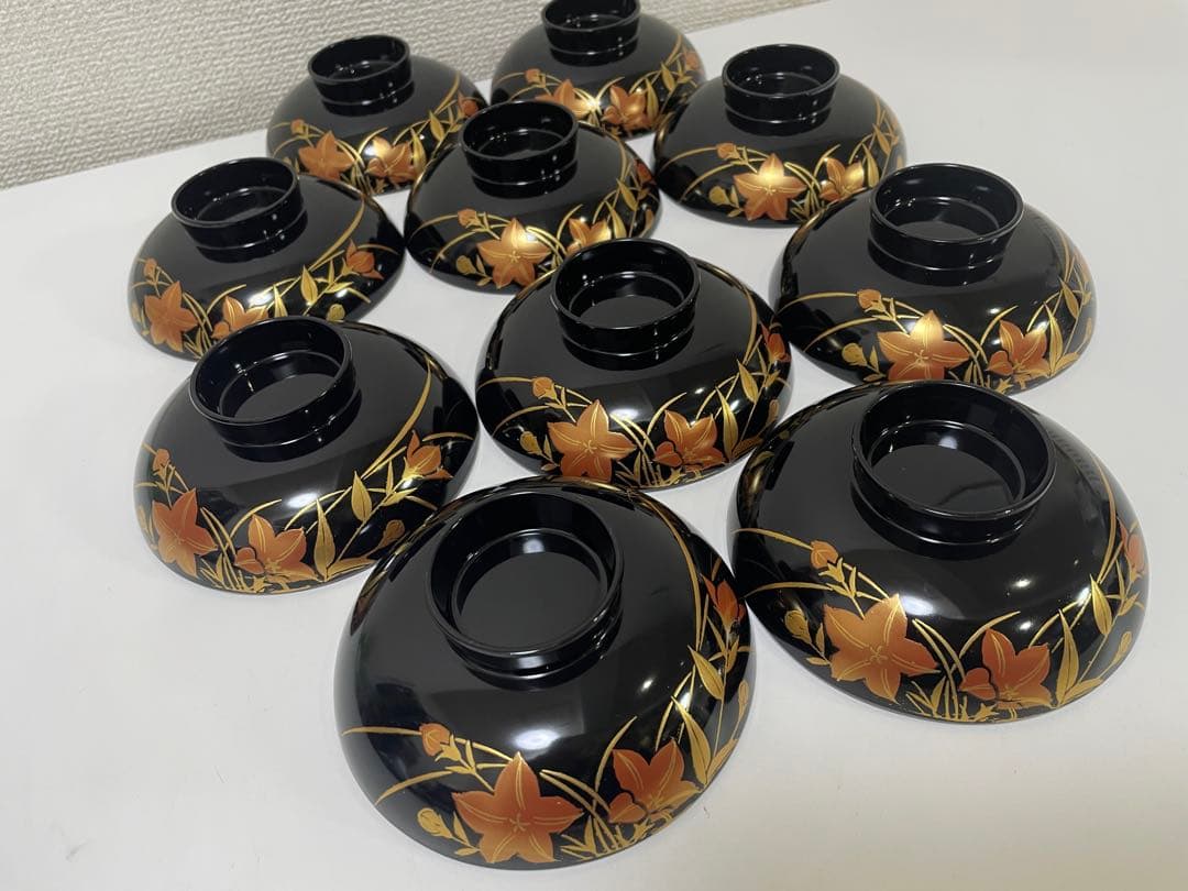 【現状品】漆器 黒塗 会津塗 金彩 花柄 割烹 吸物椀 蓋付き椀 10個セット