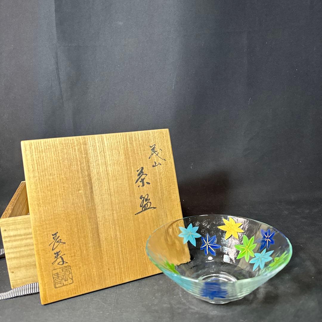 J34 送料無料　義山　茶碗　長寿　抹茶碗　茶道具　茶道　工芸品　木箱　硝子