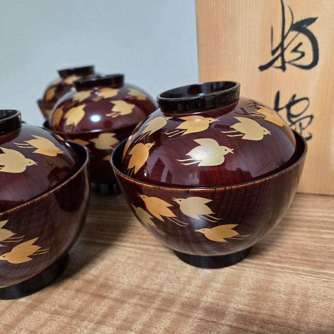 漆器 椀 木目 5個セット 赤褐色 金色の鳥